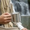 NICELOCK Folding Handle Outdoor Camping Cup Portable Stainless Steel Mountaineering Cup Reusable Durable Hiking Mugs Share set of 2